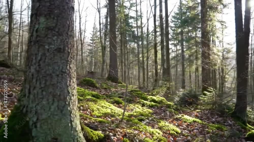 Smooth dolly movement following a moss-covered forest ground bathed in soft morning light filtering through the trees Smooth dolly movement following a moss-covered forest ground bathed in soft morning light filtering through the trees