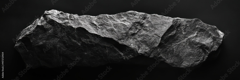 Naklejka premium A large, textured stone, lying flat against a dark background. Detailed surface patterns and shadowing are visible