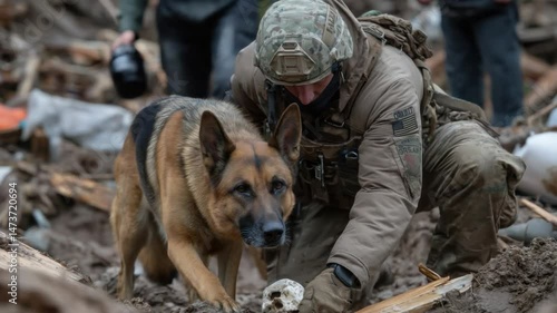 Defender with Faithful Companion: A brave defender, flanked by a loyal canine companion, searches through the rubble. The image captures the human-animal bond amidst the aftermath.