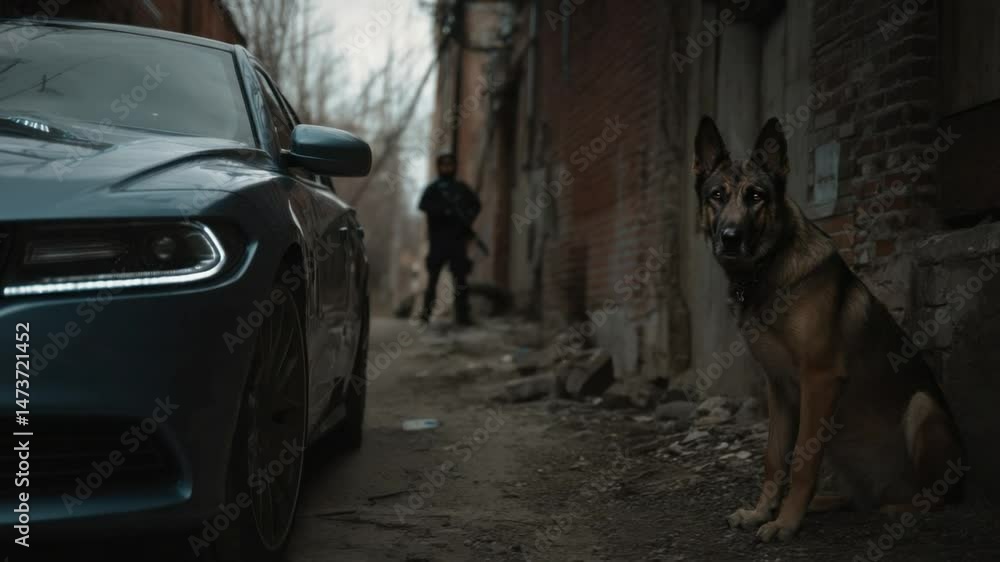 Loyal Guard: A stoic dog, positioned in a narrow alley, gazes intently ...