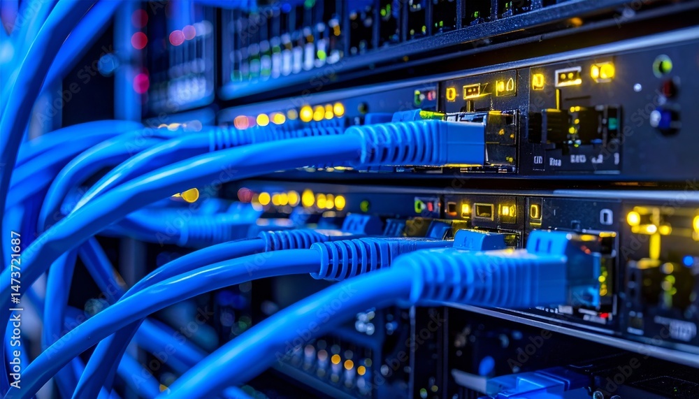 Network hub with patch cables and fiber optics in a digital technology setup Network hub with patch cables and fiber optics in a digital technology setup