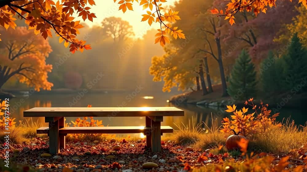 Autumn Sunrise Serenity Peaceful Lakeside Retreat with Pumpkins and Colorful Foliage Autumn Sunrise Serenity Peaceful Lakeside Retreat with Pumpkins and Colorful Foliage