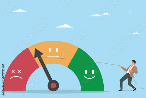 Vector illustration of a businessman pull the rope to make sure good customer feedback
