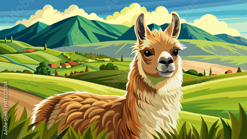 portrait Closeup detail portrait of a single unshorn domesticated lama standing on green grass meadow farmland at Florence HIll Catlins Otago New Zealand. Very beautiful