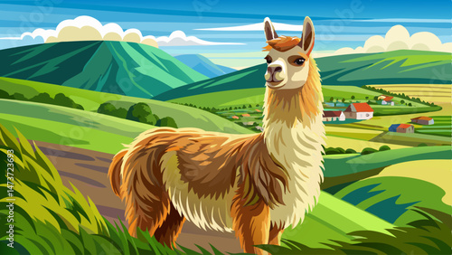 portrait Closeup detail portrait of a single unshorn domesticated lama standing on green grass meadow farmland at Florence HIll Catlins Otago New Zealand. Very beautiful