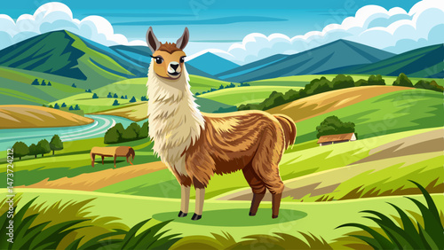 portrait Closeup detail portrait of a single unshorn domesticated lama standing on green grass meadow farmland at Florence HIll Catlins Otago New Zealand. Very beautiful