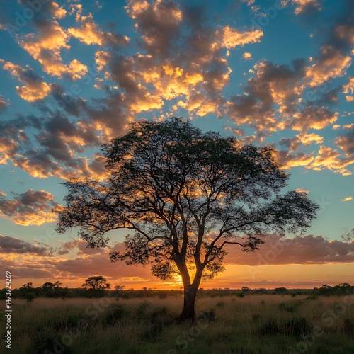 Silhouette of a tree against a vibrant sunset sky full of clouds.