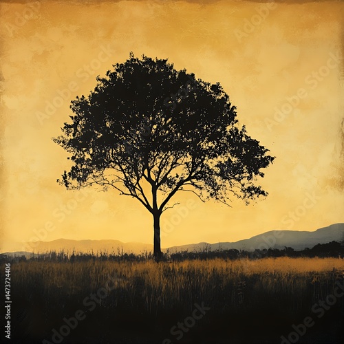 Solitary tree silhouetted against a warm golden sunset.