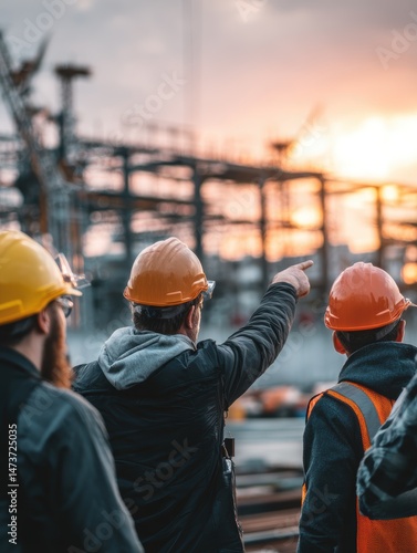 Three construction workers wearing helmets discuss a project at a building site during sunset.