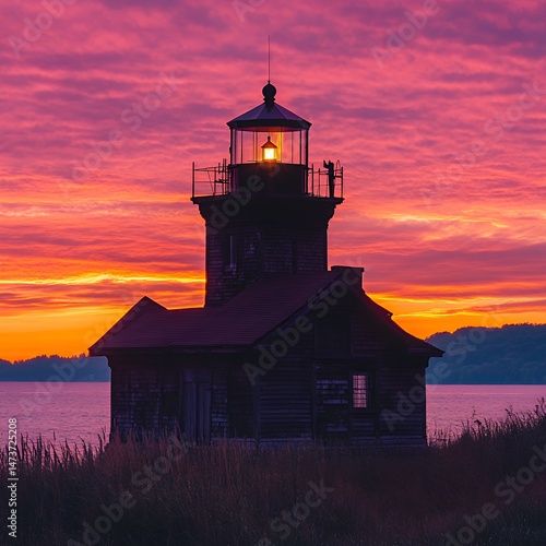 Lighthouse silhouette at sunset with vibrant purple and orange sky.