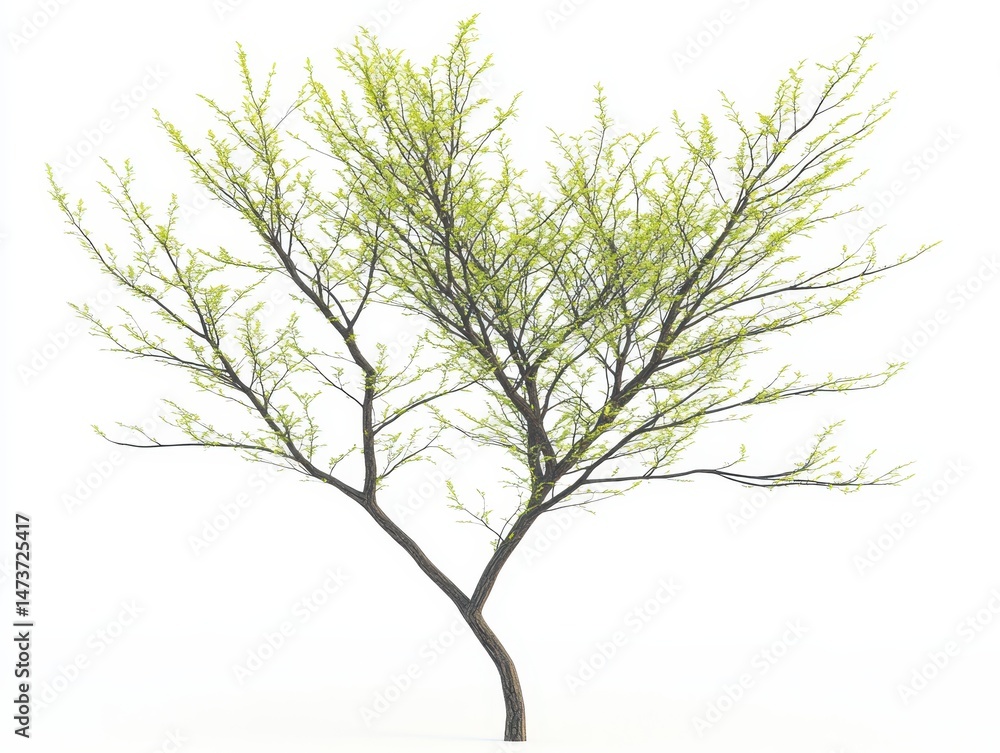 Obraz premium Young spring tree with vibrant new growth. Fresh green leaves on slender branches. Light gray trunk and branches. Isolated against white background