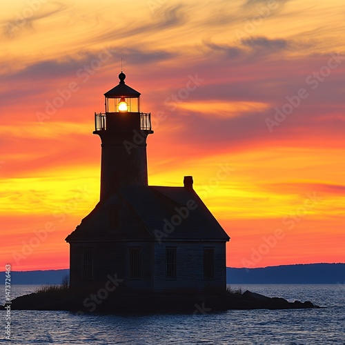 Silhouette of a lighthouse against a vibrant sunset sky.