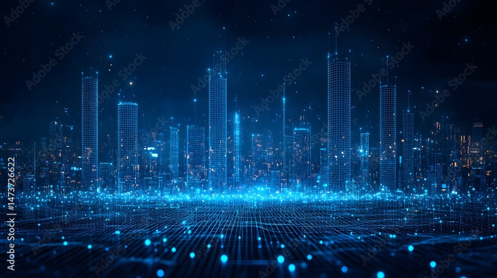 Fototapeta premium Futuristic cityscape with glowing blue skyscrapers against a star-studded sky. Digital grid foreground with luminous orbs create a high-tech, dreamlike metropolis. Abstract wireframe in dark blue