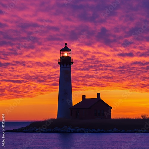 Stunning sunset silhouette of a lighthouse against a vibrant purple and orange sky.