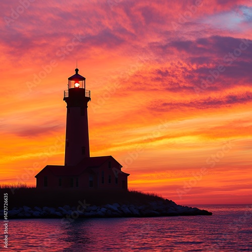 Silhouette of a lighthouse at sunset with vibrant orange and purple skies.
