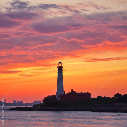 Majestic lighthouse at sunset against a colorful sky.