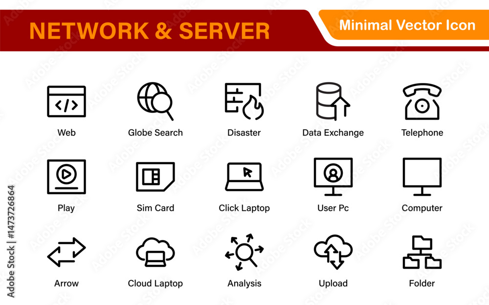 Naklejka premium Database Network and Server Management Icon Set – Minimal Line Vector Illustrations for IT, Networking, Cloud, Servers, Security, and Digital Solutions