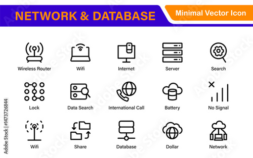 Database Network and Server Management Icon Set – Minimal Line Vector Illustrations for IT, Networking, Cloud, Servers, Security, and Digital Solutions