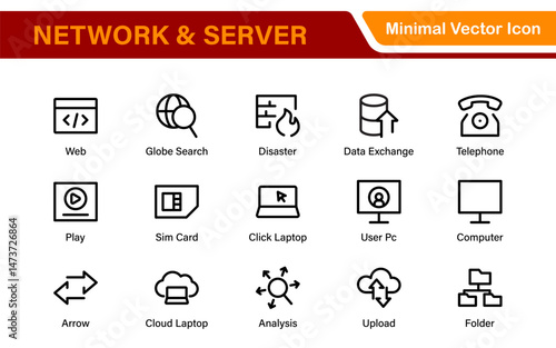 Database Network and Server Management Icon Set – Minimal Line Vector Illustrations for IT, Networking, Cloud, Servers, Security, and Digital Solutions