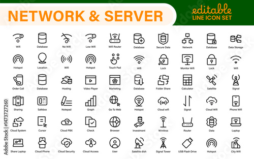 Database Network and Server Management Icon Set – Minimal Line Vector Illustrations for IT, Networking, Cloud, Servers, Security, and Digital Solutions
