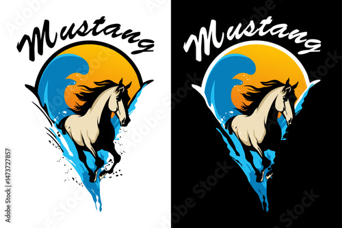 mustang horse and sea water logo design vector art