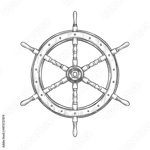 nautical wooden ship steering wheel vector line art hand drawn illustration