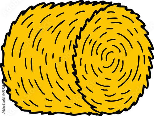Detailed Flat Vector Illustration of a Round Hay Bale with Distinctive Black Outlines and Yellow Coloring, Symbolizing Agricultural Harvest and Rural Farming Traditions