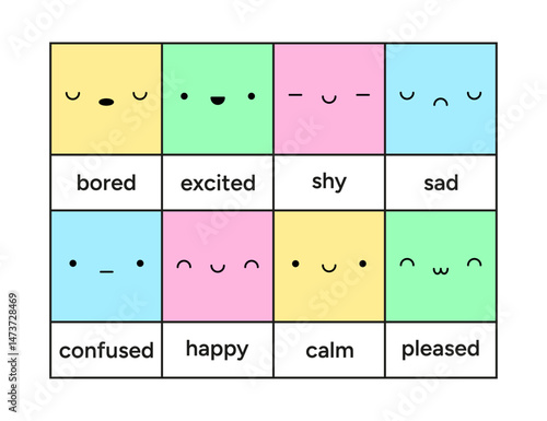 Cartoon face expressions vector set, showing various emotions like happy, sad, excited. For education, design, and comics.