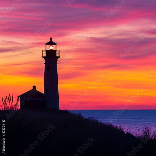 Silhouette of a lighthouse at sunset over a vibrant sky and calm sea.