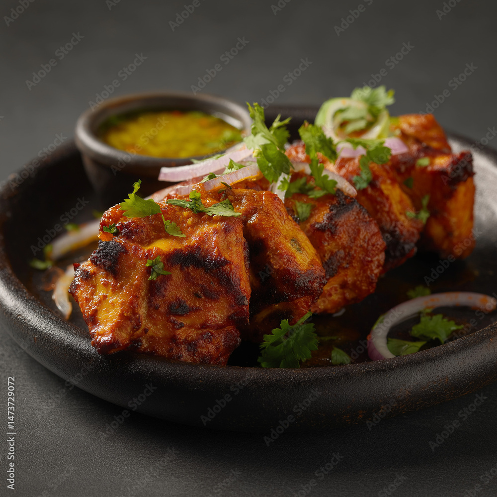 Fototapeta premium Delicious paneer tikka (Indian cheese) pieces on a dark plate with a green chutney, red onion slices, and cilantro against a dark background