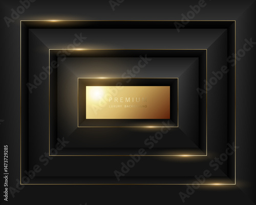 Luxury black and gold 3D background with glowing frame and modern geometric depth. Ideal for elegant branding, banners, product packaging, and invitations
