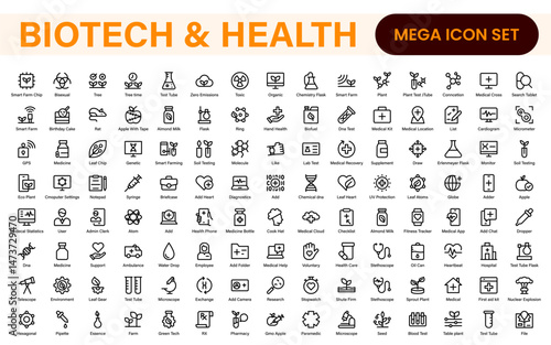 Biotech and Health Tech Icon Pack – Clean, Minimalist Line Vector Illustrations for Healthcare, Science, Lab Research, Pharma.