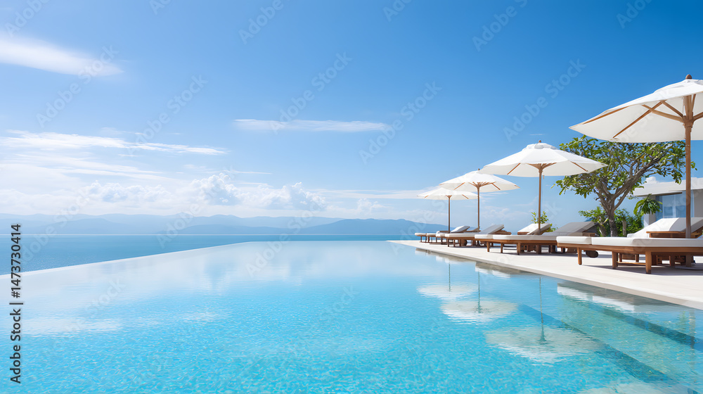 Fototapeta premium Luxurious infinity pool with sun loungers and umbrella overlooking the ocean