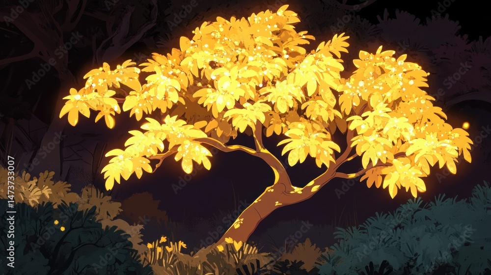 Fototapeta premium Glowing golden tree in a dark forest