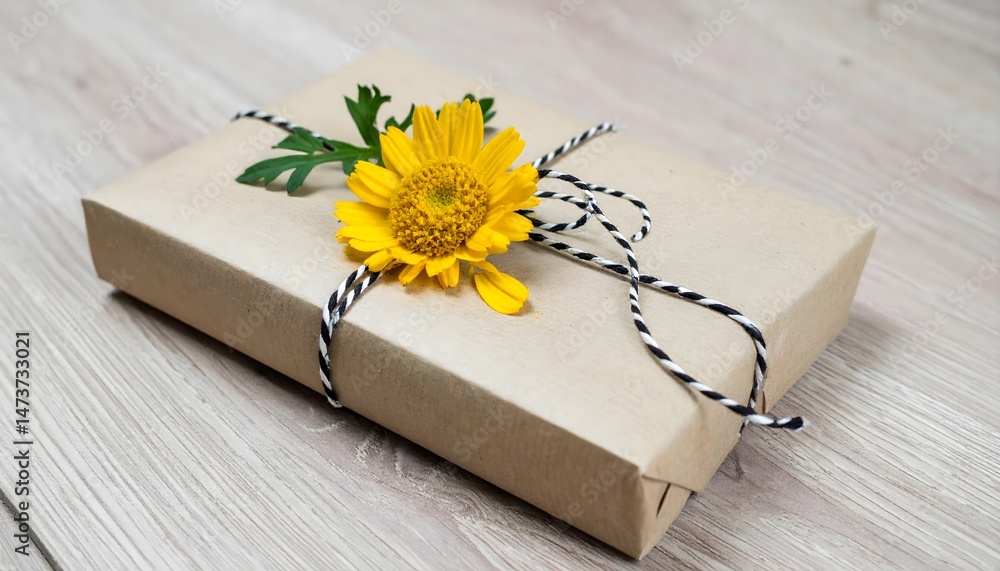 Obraz premium Gift box wrapped with natural brown paper and black-white string, decorated with yellow flowers
