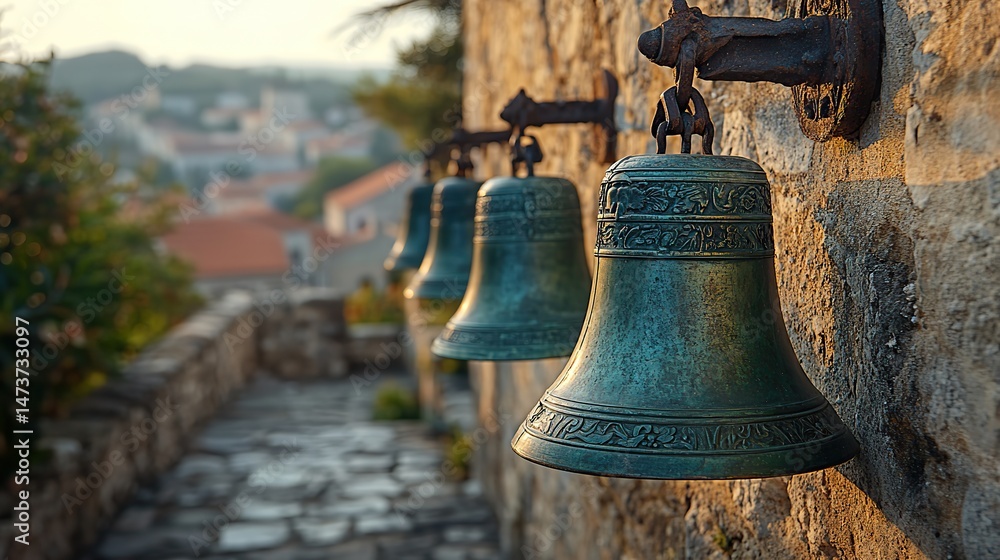 Fototapeta premium Bronze bells chime in the tower of an old cathedral, their resonant tones echoing through the surrounding town, a feeling of tradition and the passage of time