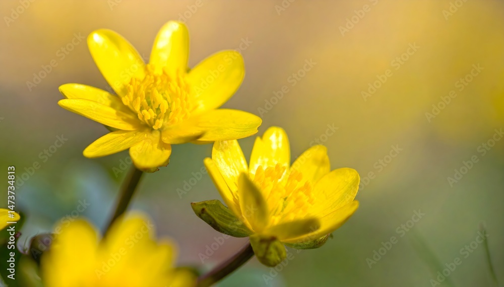 Fototapeta premium Bright yellow spring flowers in soft-focus background, macro photography style, shallow depth of field