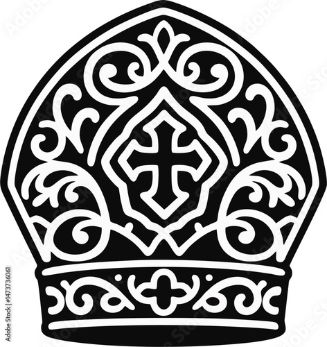 Black and White Vector Illustration of Ornate Pope Mitre with Cross – Religious Catholic Bishop Hat Line Art Icon