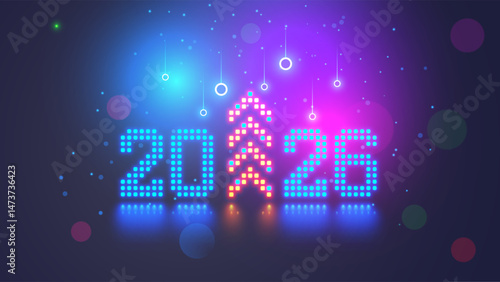 2026 New Year and Christmas in tech style. 20 26 digits consist of neon dots or pixels. 2026 New Year card digital technology. 2026 text with Christmas tree at up arrow. 2026 design card or calendar.