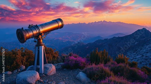 Bronze telescopes stand on a mountaintop observatory, pointed towards the vast expanse of the night sky, a feeling of wonder and the exploration of the cosmos