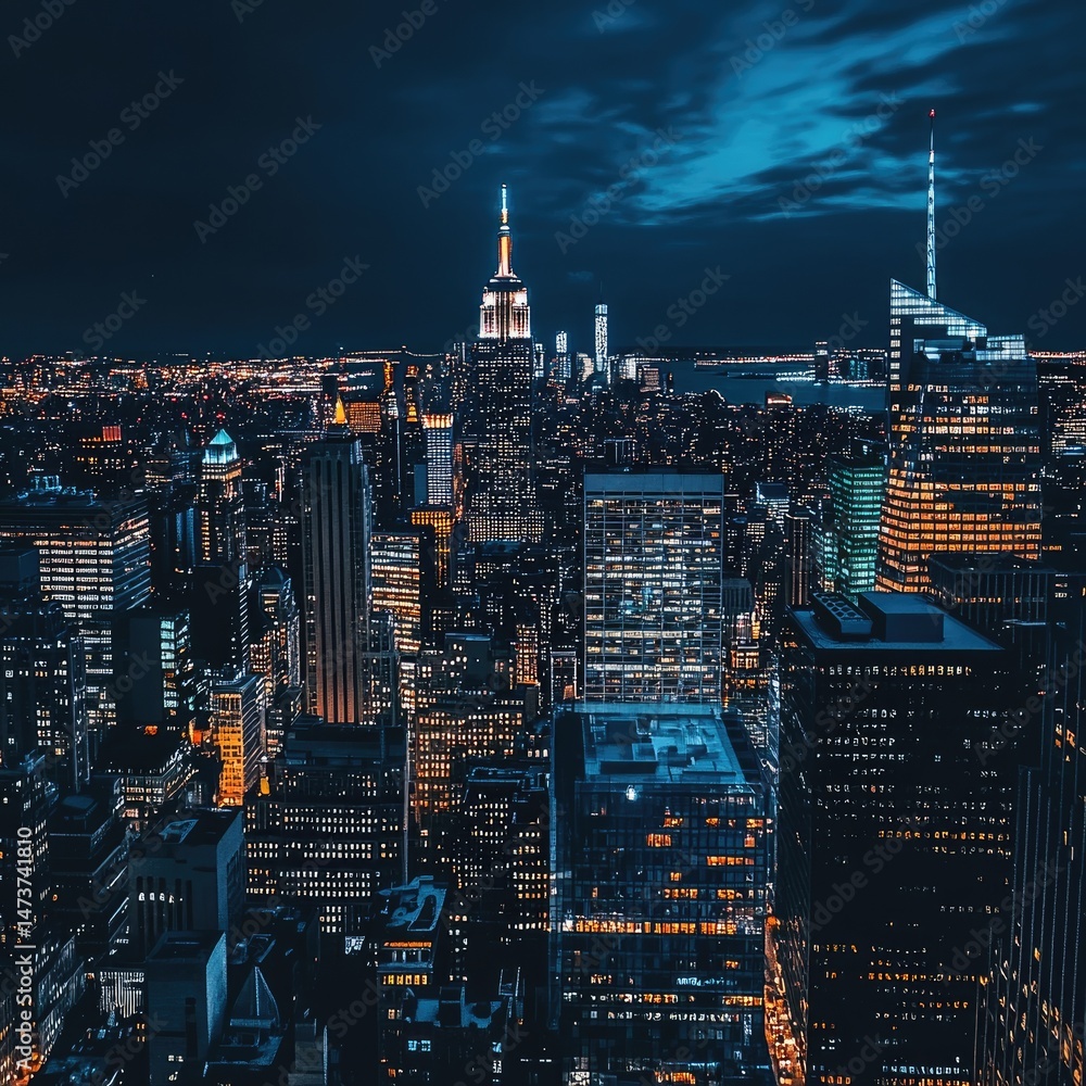 Fototapeta premium Night view of a sprawling metropolis, illuminated skyscrapers against a twilight sky