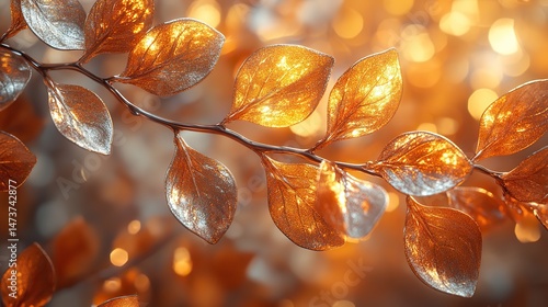 Copper leaves rustle on the branches of a metallic tree, their warm tones catching the ambient light, a surreal fusion of nature and technology