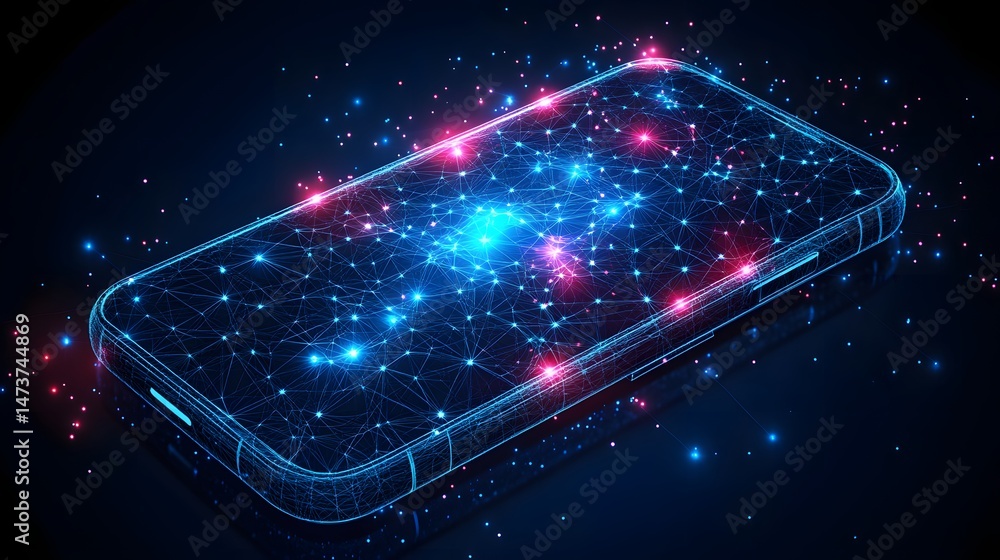 Obraz premium Futuristic smartphone with glowing neon blue outline and a dynamic network display showcasing connectivity and data flow, set against a deep blue background. Abstract wireframe in dark blue.