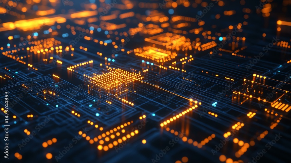 A close-up photograph showcases a circuit board densely populated with numerous illuminated lights. The image highlights the intricate details and vibrant glow of electronic components. A close-up photograph showcases a circuit board densely populated with numerous illuminated lights. The image highlights the intricate details and vibrant glow of electronic components.