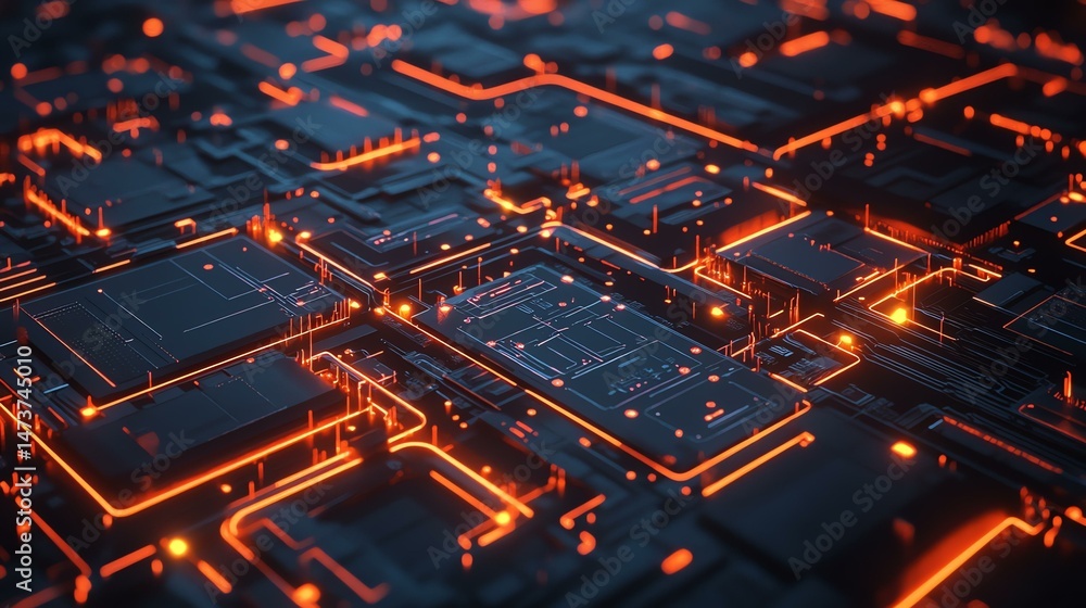 Obraz premium A computer circuit glows with vibrant orange and black illumination. The intricate design pulses with an energetic light.
