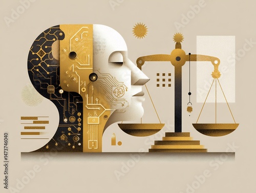 Abstract illustration of artificial intelligence and justice balance symbol