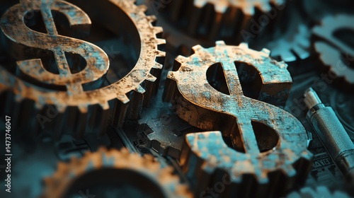 Rusty gears with dollar signs symbolizing finance.