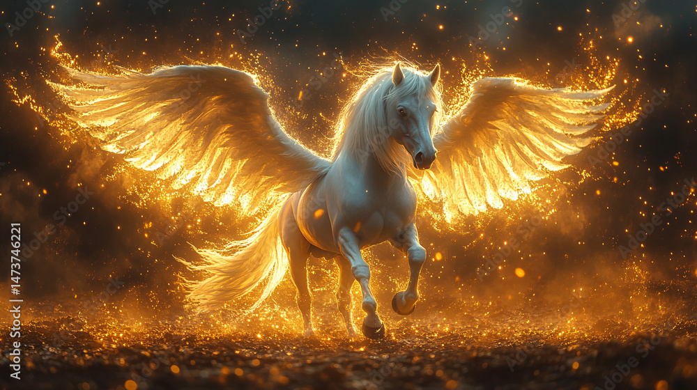 Naklejka premium Pegasus winged legendary horse flying with spread wings on dreamy landscape