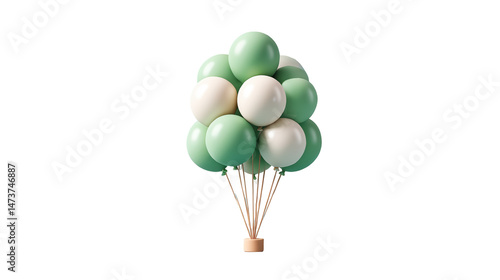 Cluster of mint green and white glossy balloons tied with strings and rising from a small wooden base on a white background. Concept of celebration decor and festive mood