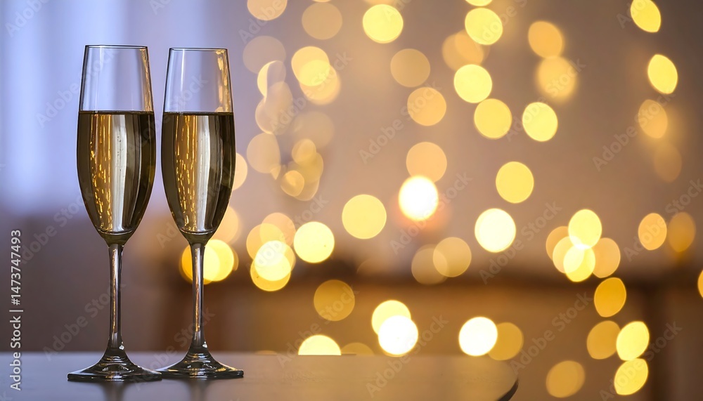 Romantic Champagne Toast: Two Glasses of Sparkling Wine Against a Festive Bokeh Background Romantic Champagne Toast: Two Glasses of Sparkling Wine Against a Festive Bokeh Background
